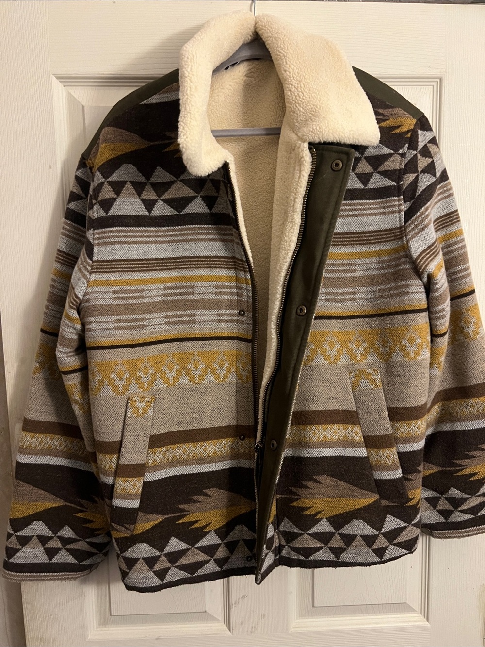 Zara Brown, Cream & Mustard Patterned Sherpa Jacket